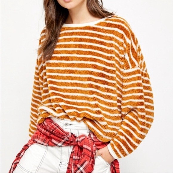 Free People Breton Striped Pullover Sherpa Fall Sweater Tan Camel White Small - Picture 1 of 11